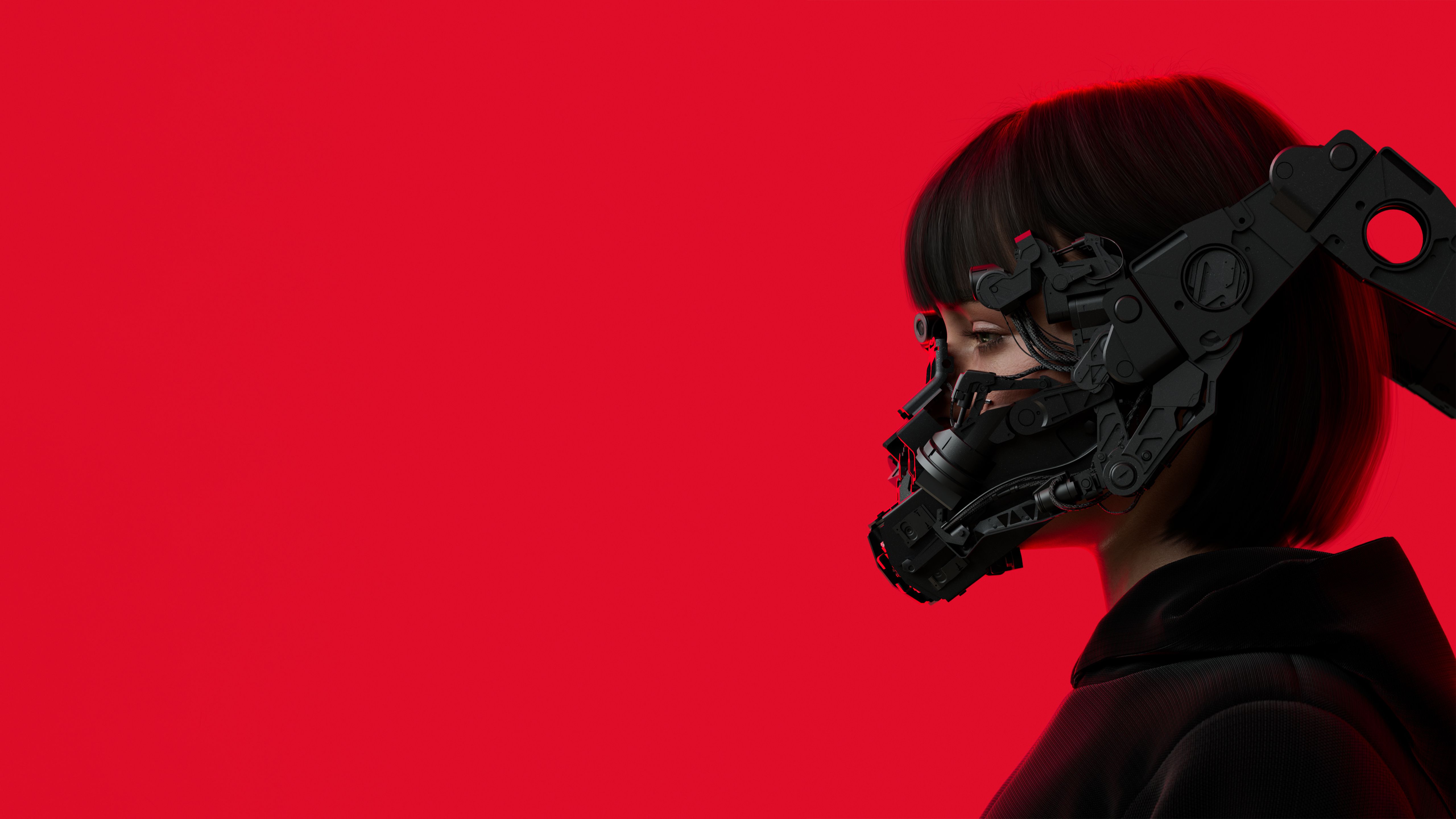 5120x2880 Cyberpunk Wallpaper 4K, Red background, girl, Futuristic