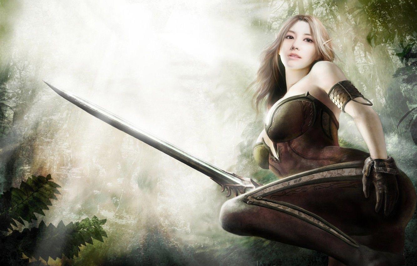 1332x850 Wallpaper girl, weapons, elf, warrior, art, Serya, blonde female warrior image for desktop, section игры