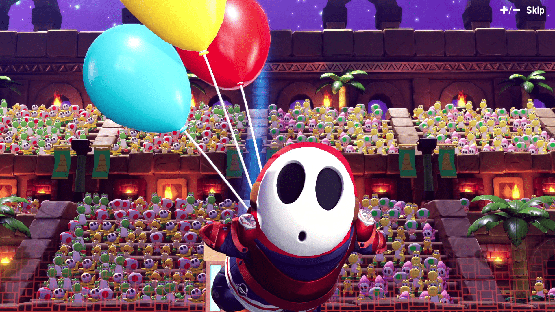 1920x1080 Shy Guy's victory animation in the new Mario Strikers update references Sky Guys from Paper Mario 64