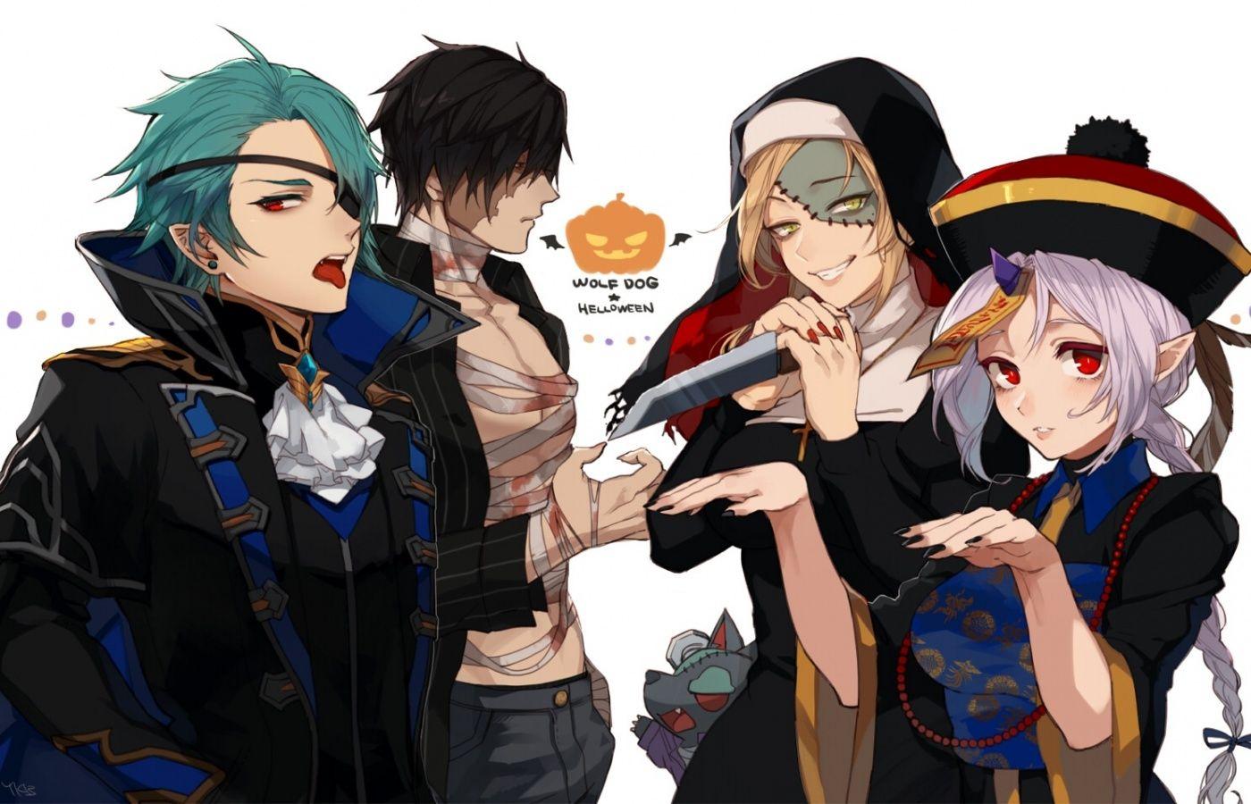 1400x900 Wallpaper Blonde, Girls, Elf, Eyepatch, Halloween Cosplay, Anime Boys, Knife, Vampire