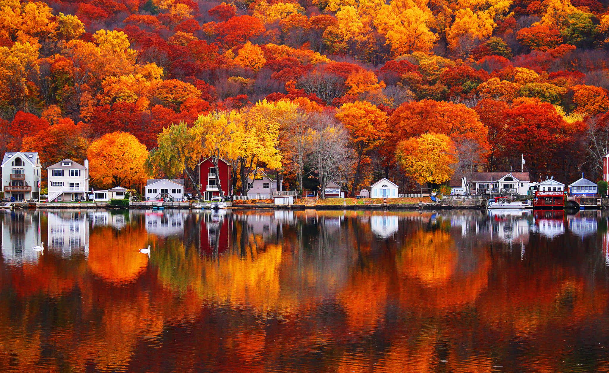 2048x1257 Download Fall Town Scenic Autumn Landscape Wallpaper