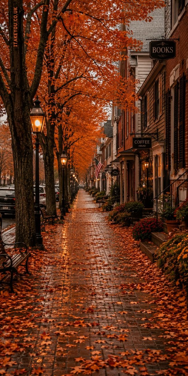 650x1299 Cosy Autumn Street Wallpaper : Fall Town Bookshop Aesthetic Lock Screen Background for Phone