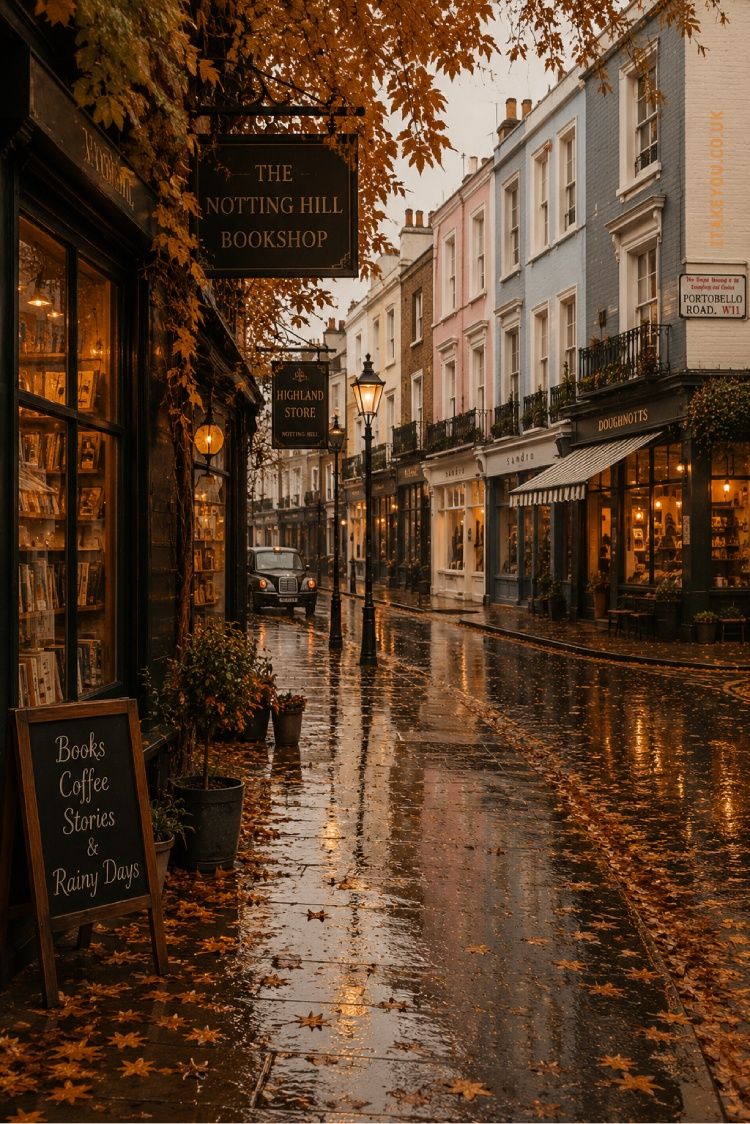 750x1124 Rainy Notting Hill Autumn Phone Wallpaper : Cosy London Bookshop Aesthetic for iPhone & Lock Screen