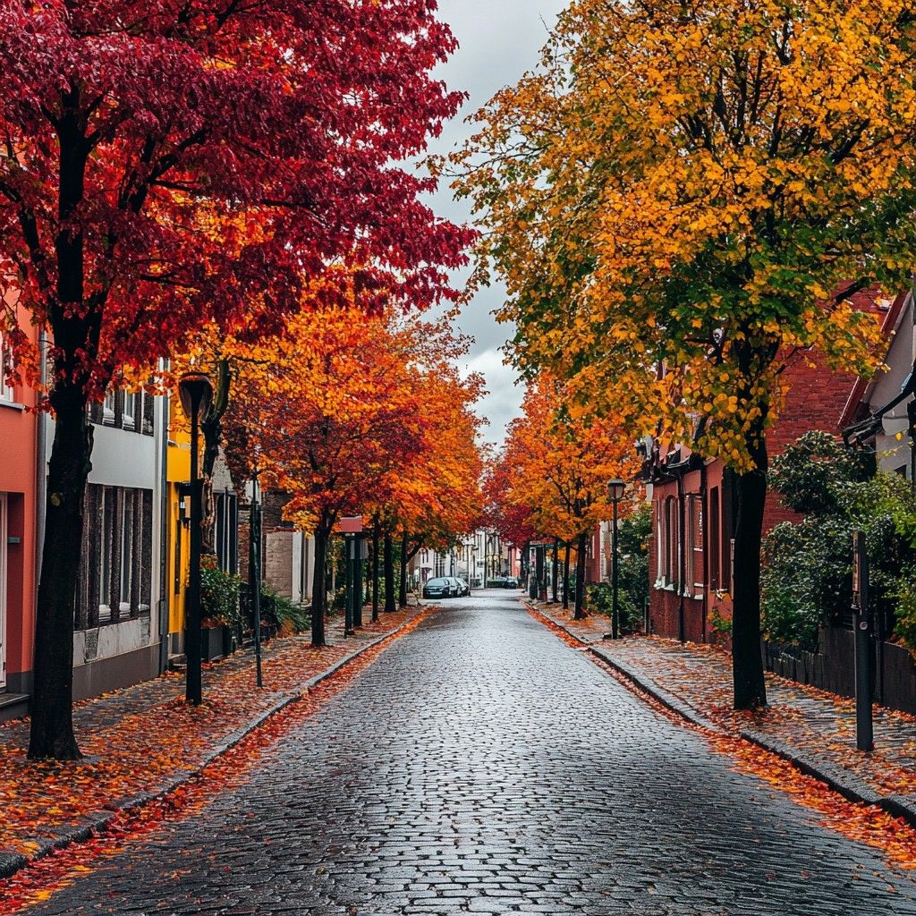 1024x1024 Download Autumn in Town Image, Fall, Cobblestone