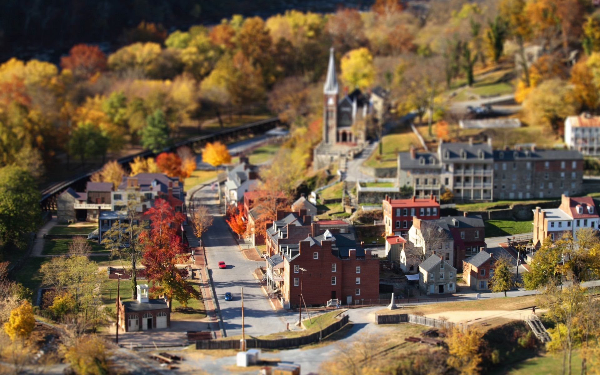 1920x1200 Wallpaper Small Town, Autumn, Houses, Road, Trees, Tilt Shift Photography 1920x1200 Picture, Image