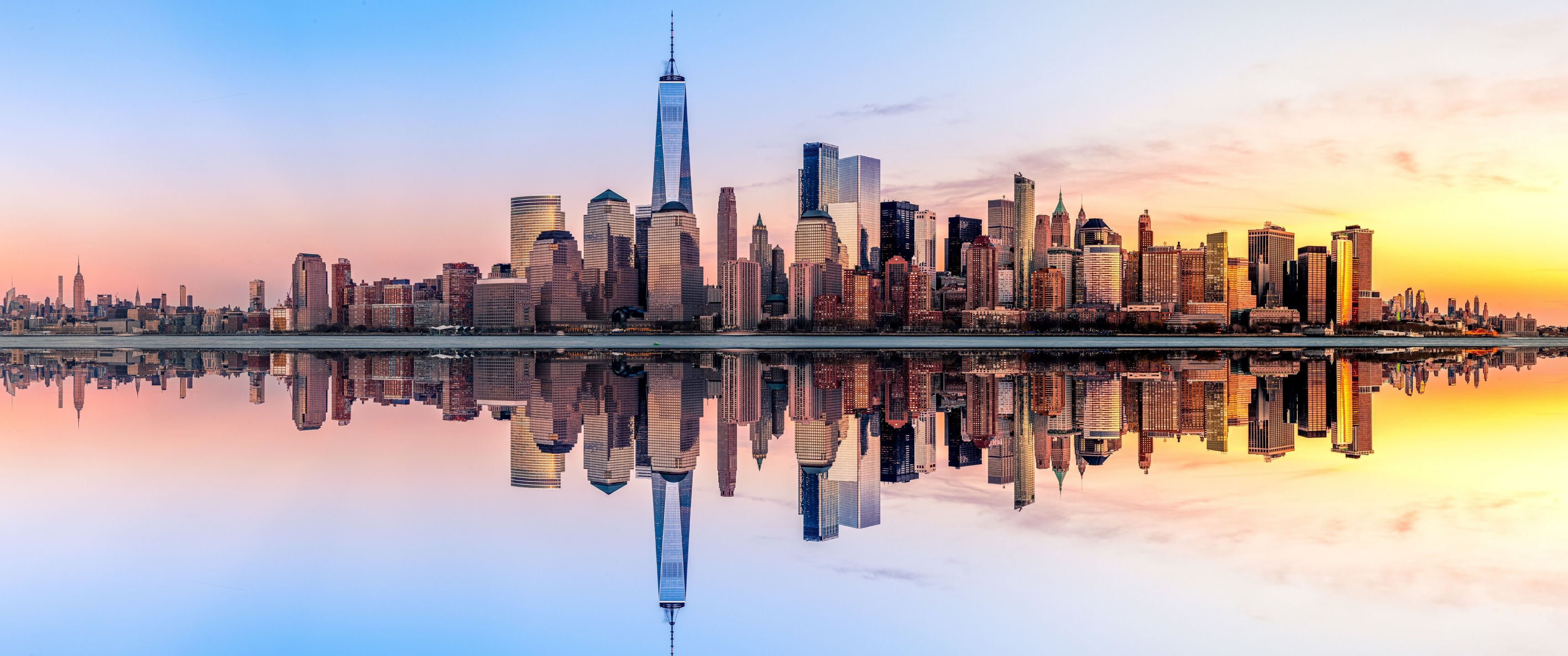 3440x1440 New York City Wallpaper 4K, Panorama, Skyline, Sunset