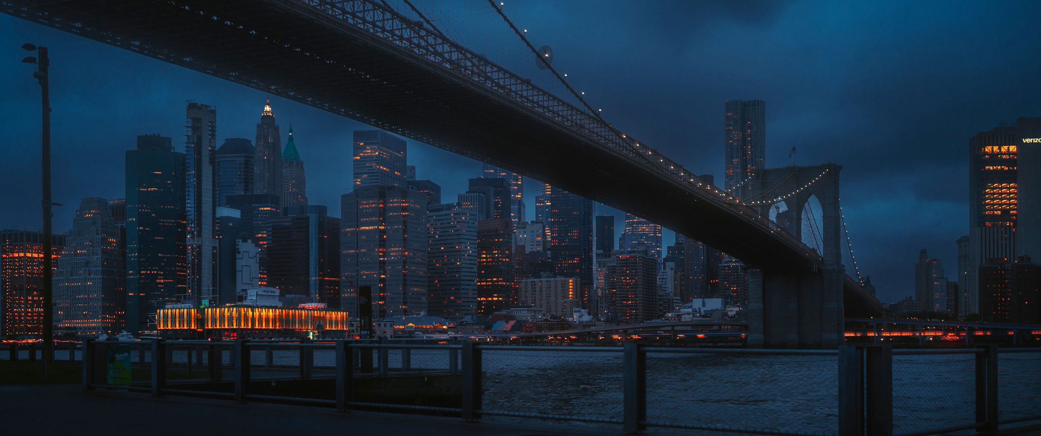 3440x1440 New York City Brooklyn Bridge at Night 4K Wallpaper