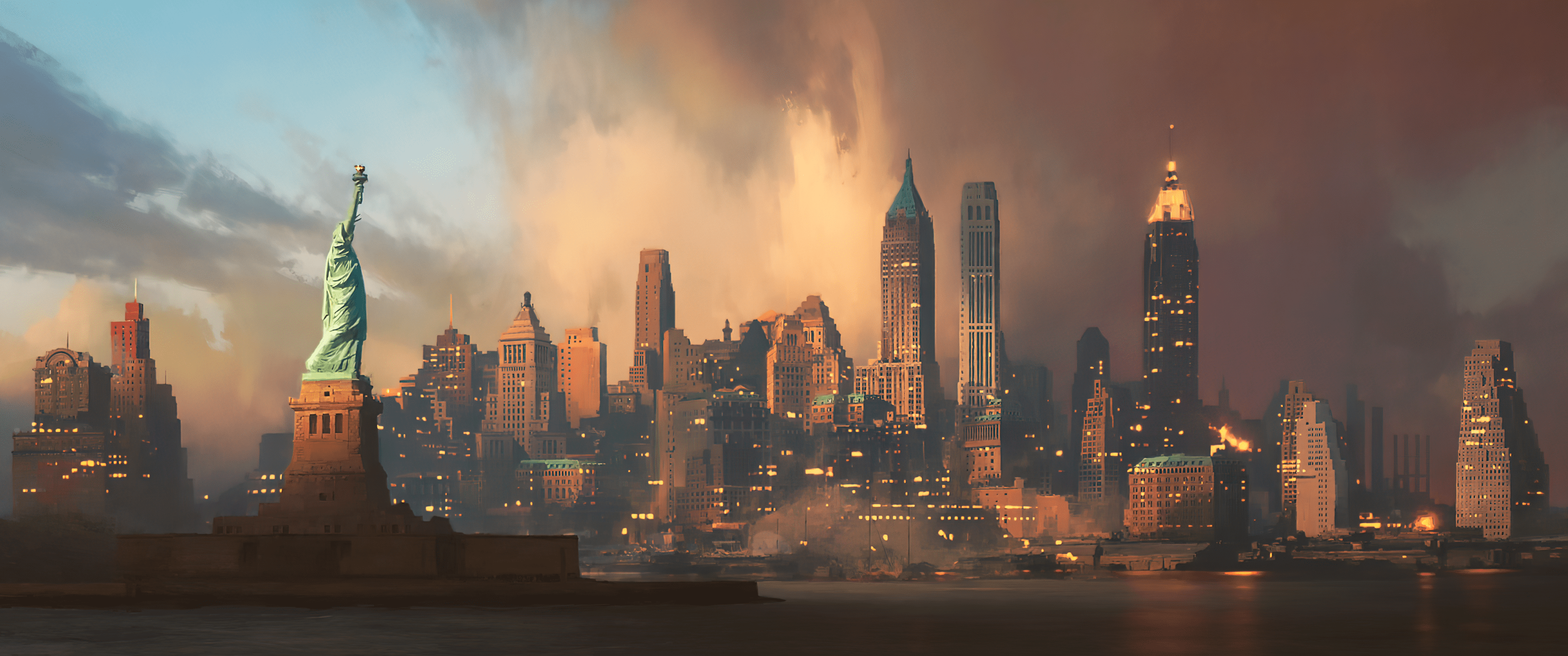 3440x1440 New York, Statue, Houses, Sky, Ocean, Ultrawide (3440x1440) & Mobile Wallpaper