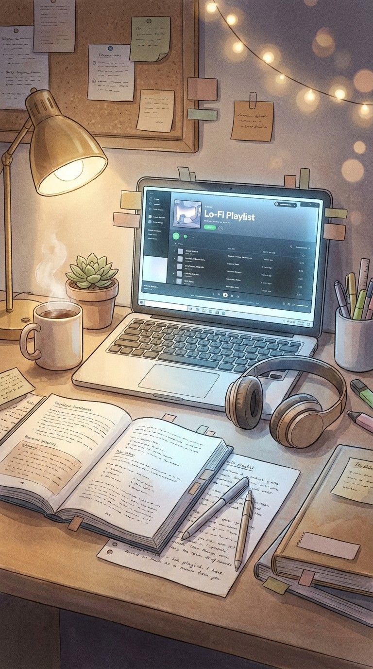 768x1376 Download Cozy Study Vibes Image, Desk, Laptop