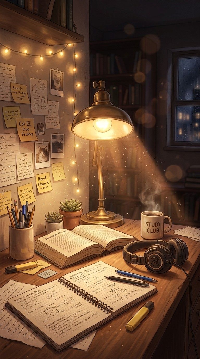 768x1376 Download Cozy Study Vibes Image, Desk, Books