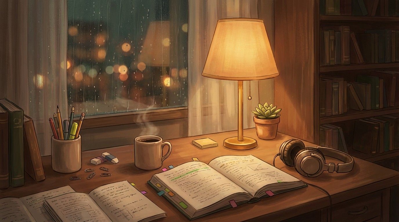 1376x768 Download Cozy Study Vibes Image, Lofi, Desk