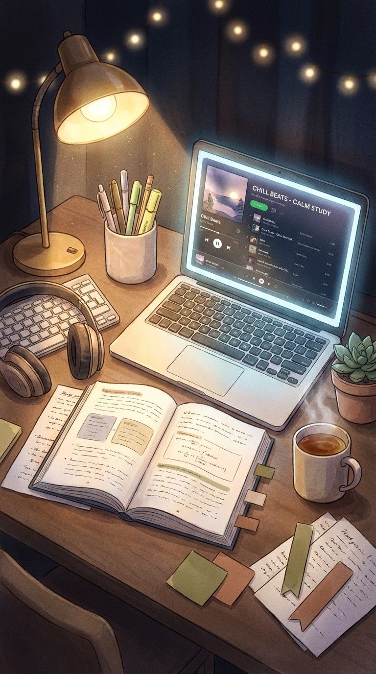 768x1376 Download Cozy Study Vibes Image, Desk, Lofi