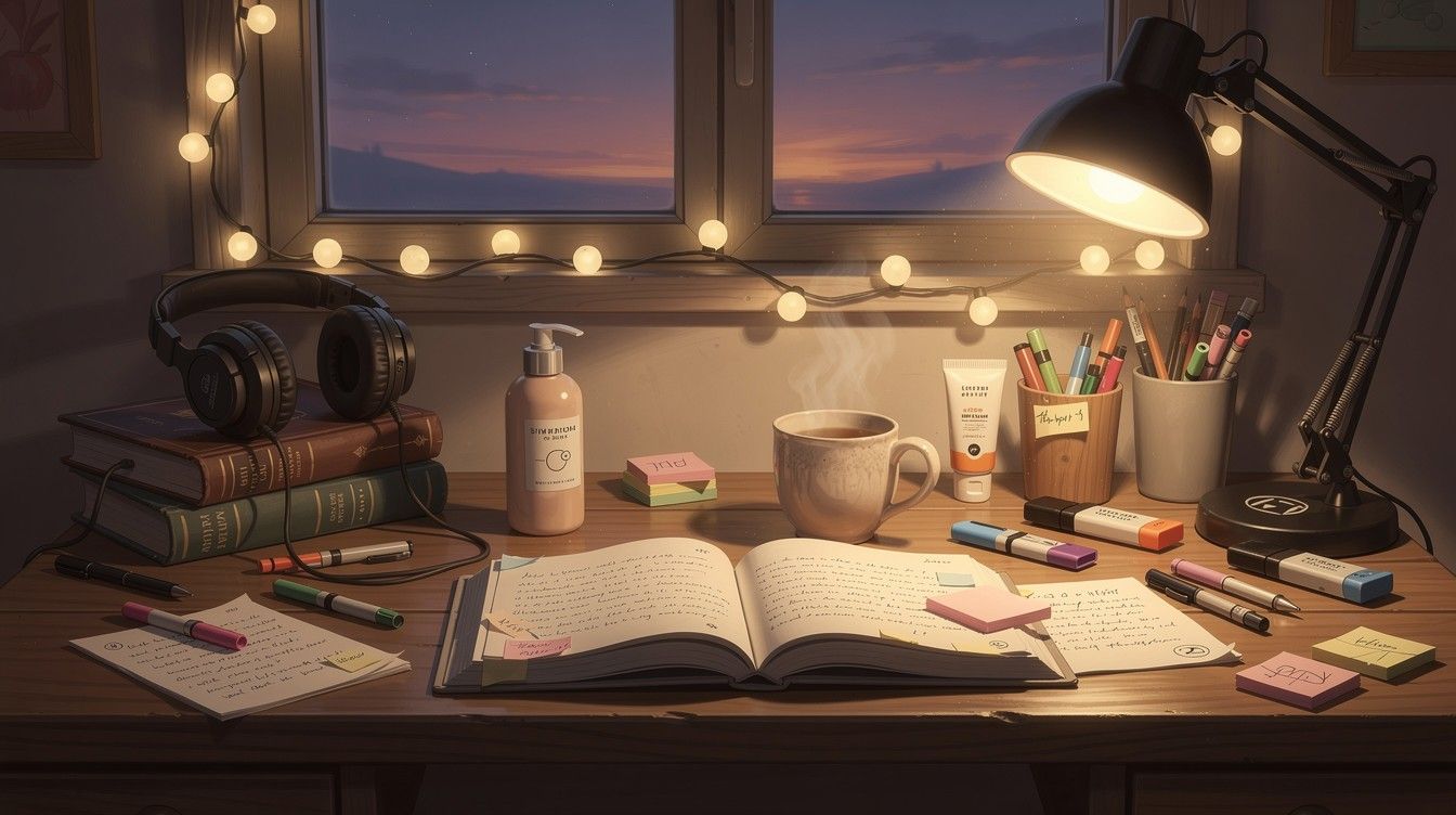 1344x752 Download Cozy Study Vibes Image, Desk, Lofi