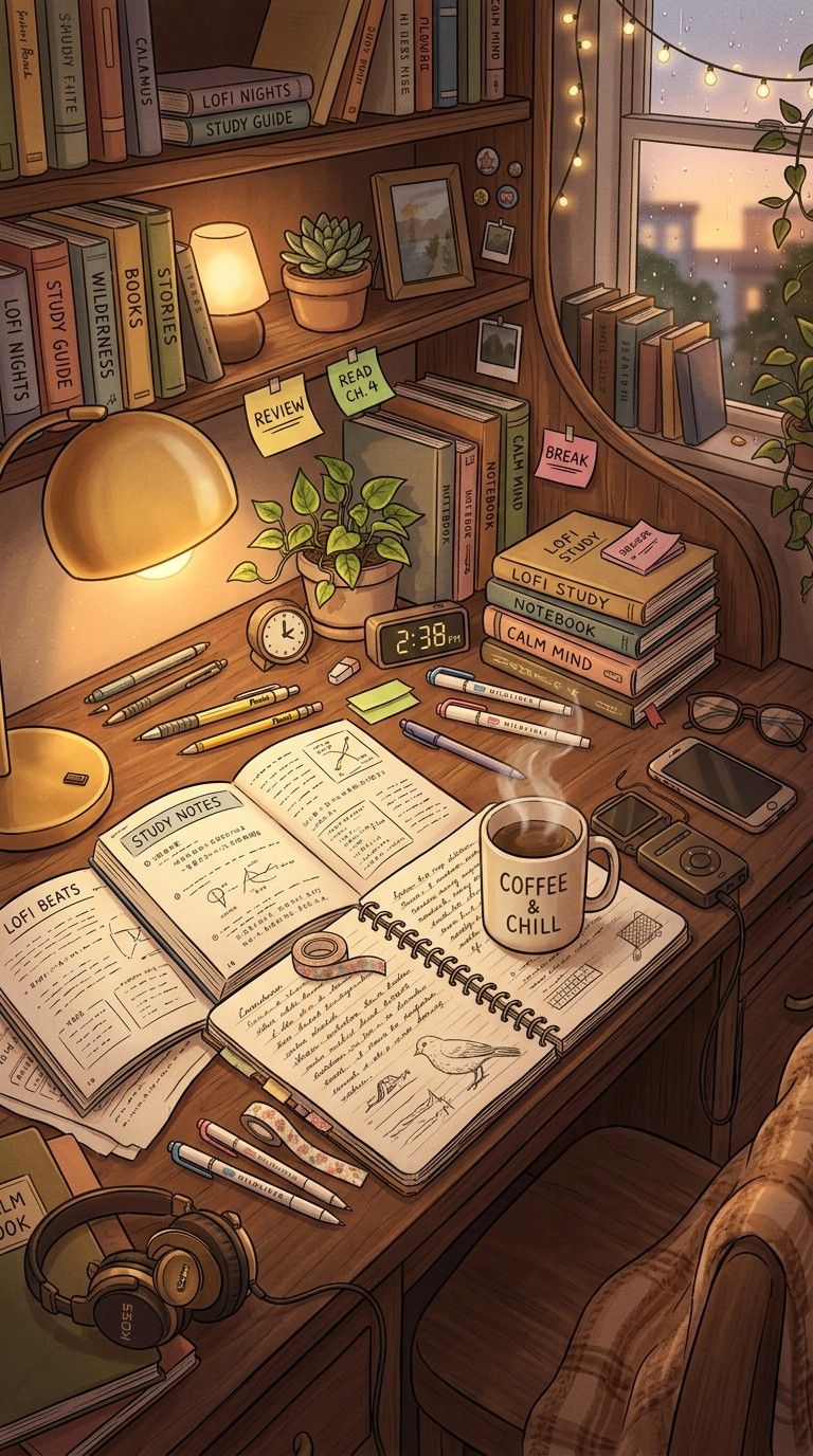 768x1376 Download Cozy Study Vibes Image, Desk, Lofi