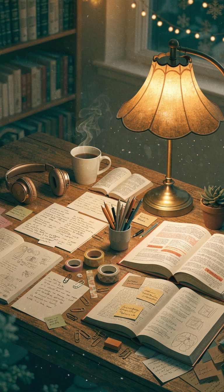 768x1344 Download Cozy Study Vibes Image, Lofi, Desk