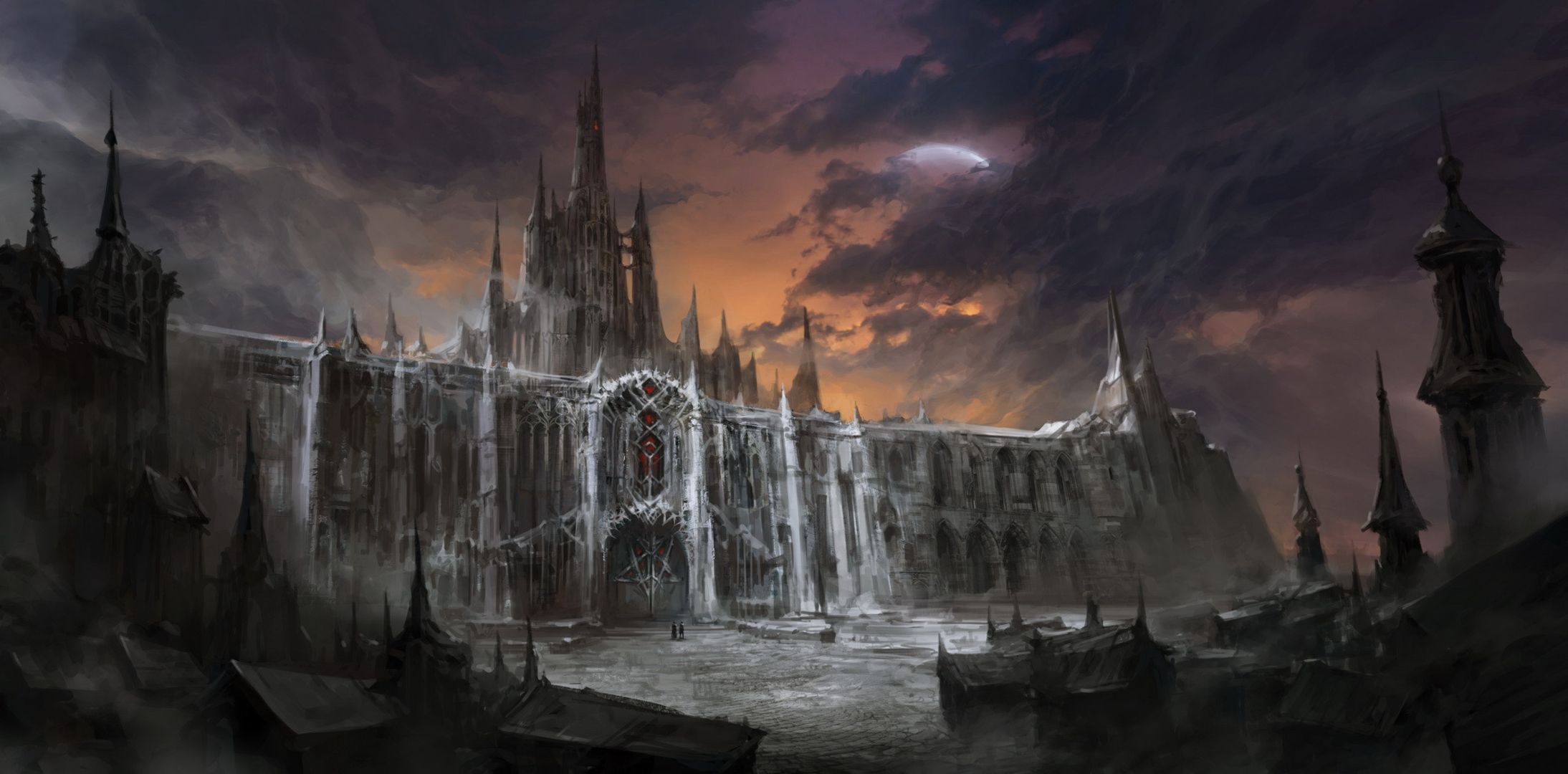2188x1080 Dark Fortress: HD Castle Wallpaper of Shadows and Storms