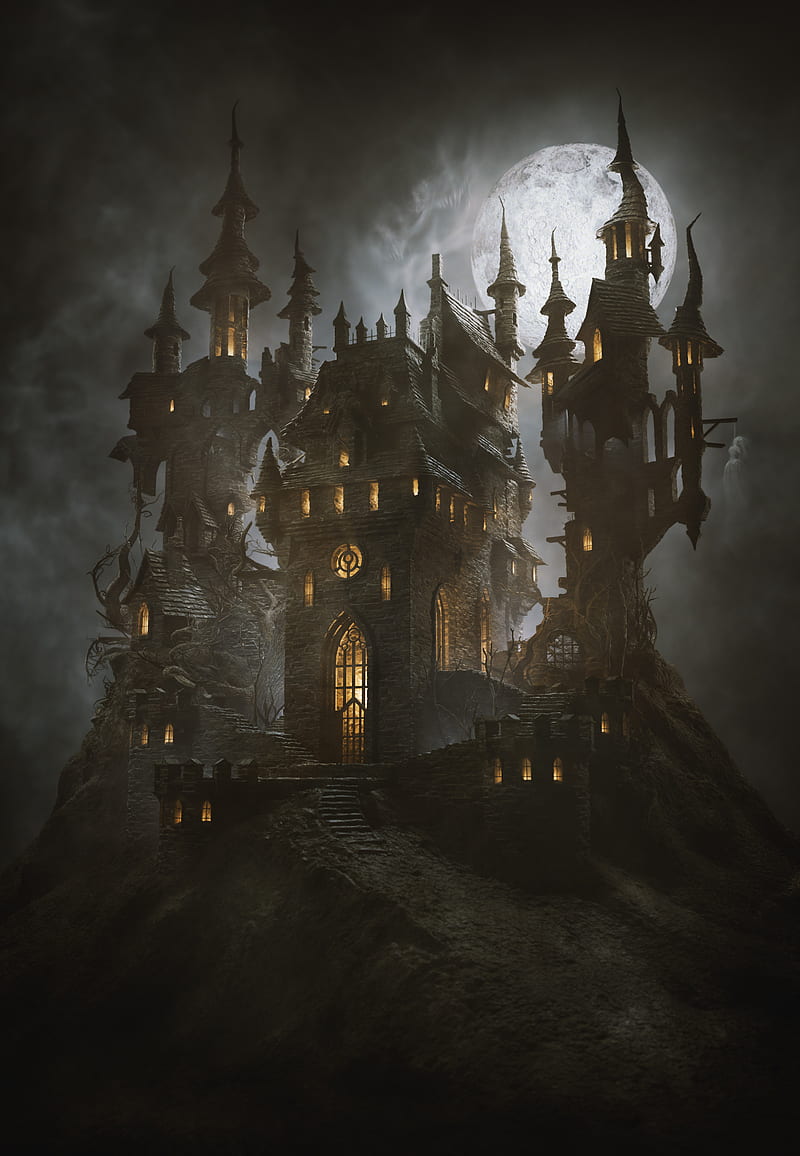 800x1156 Castle, moon, art, HD phone wallpaper