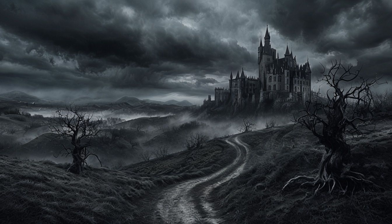 1344x768 Gothic Castle Silhouette Against Blood Red Sky Wallpaper
