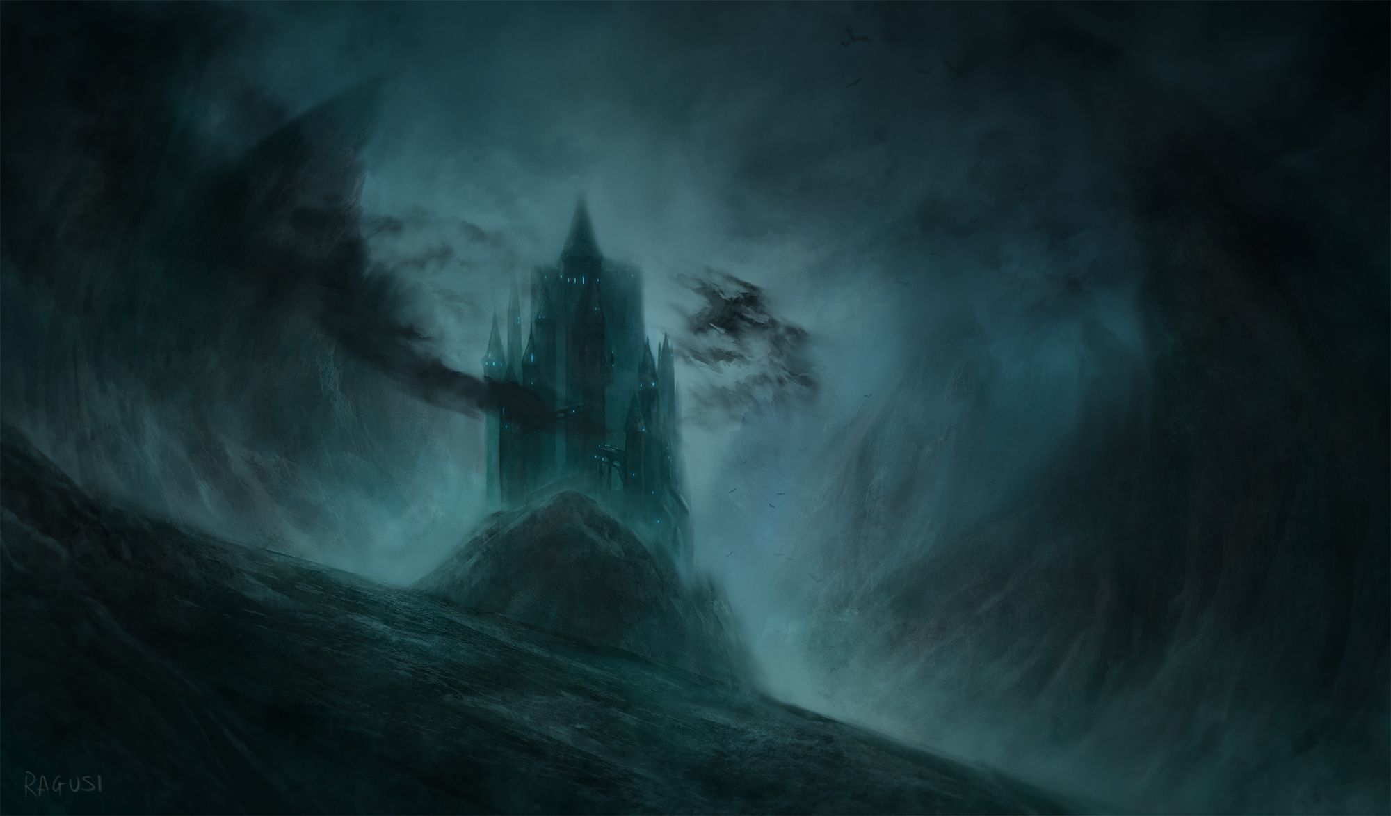 2000x1173 Desktop wallpaper: Dark, Castle, Building, Mountain, Castles 4K free download for PC. 421607