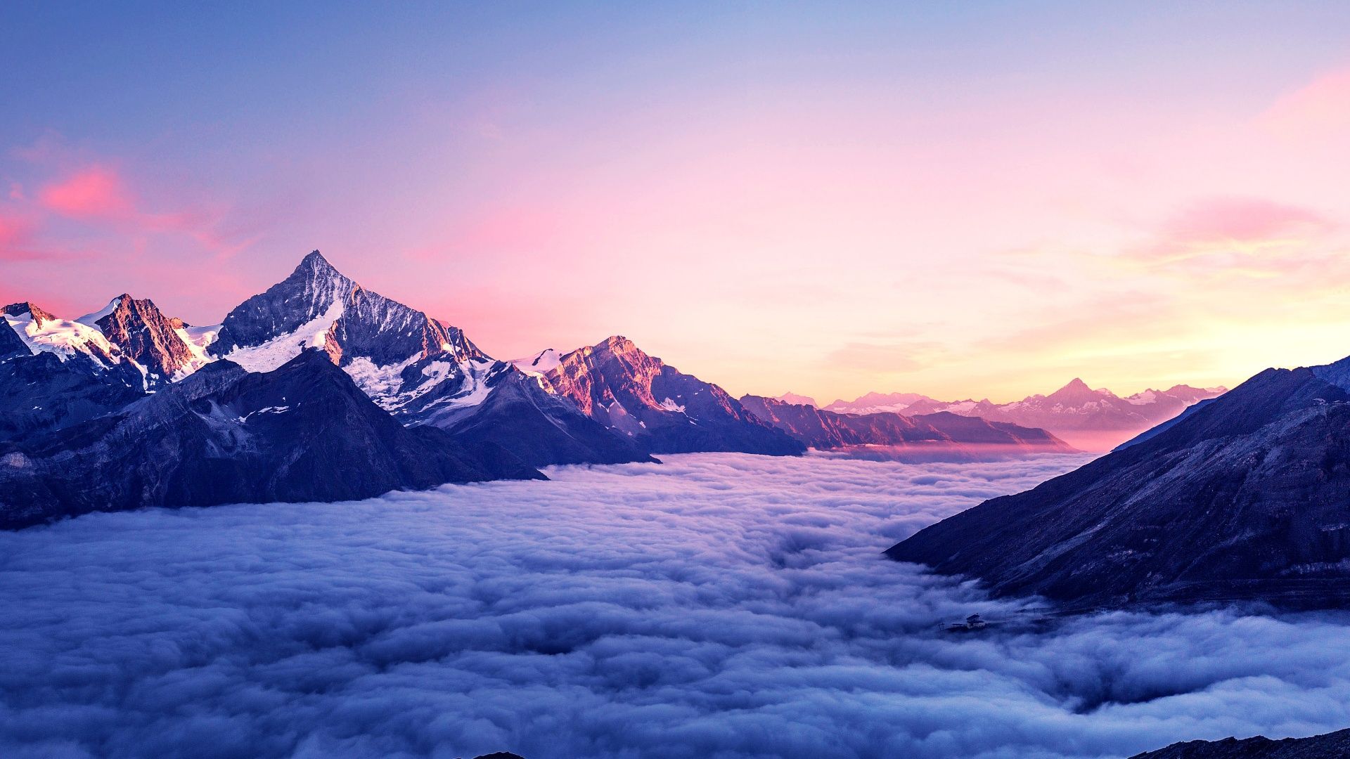 1920x1080 Mountain Peak Wallpaper 4K, Above clouds, Sunrise