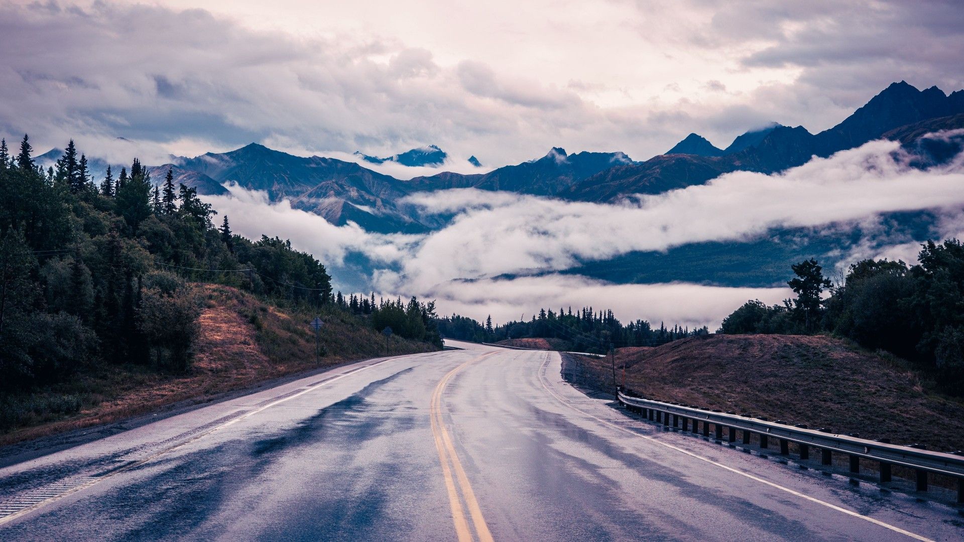 1920x1080 Road Mountains Clouds Trees Landscape Wallpaper Fog Sky Background 4K HD Nature Wallpaper