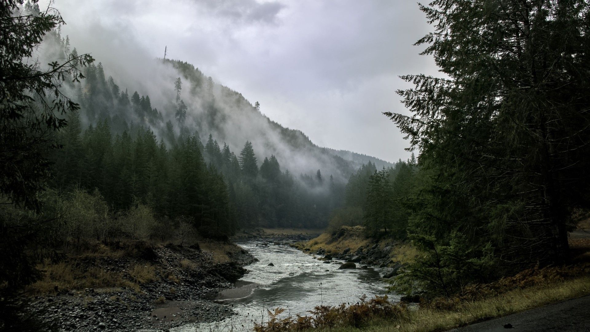 1920x1080 stones river mountains landscape forest fog nature wallpaper clouds sky background 4K HD Nature Wallpaper