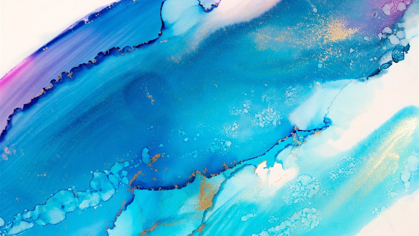1366x768 Blue Ink Gold Dust Paint Abstract Art 5K