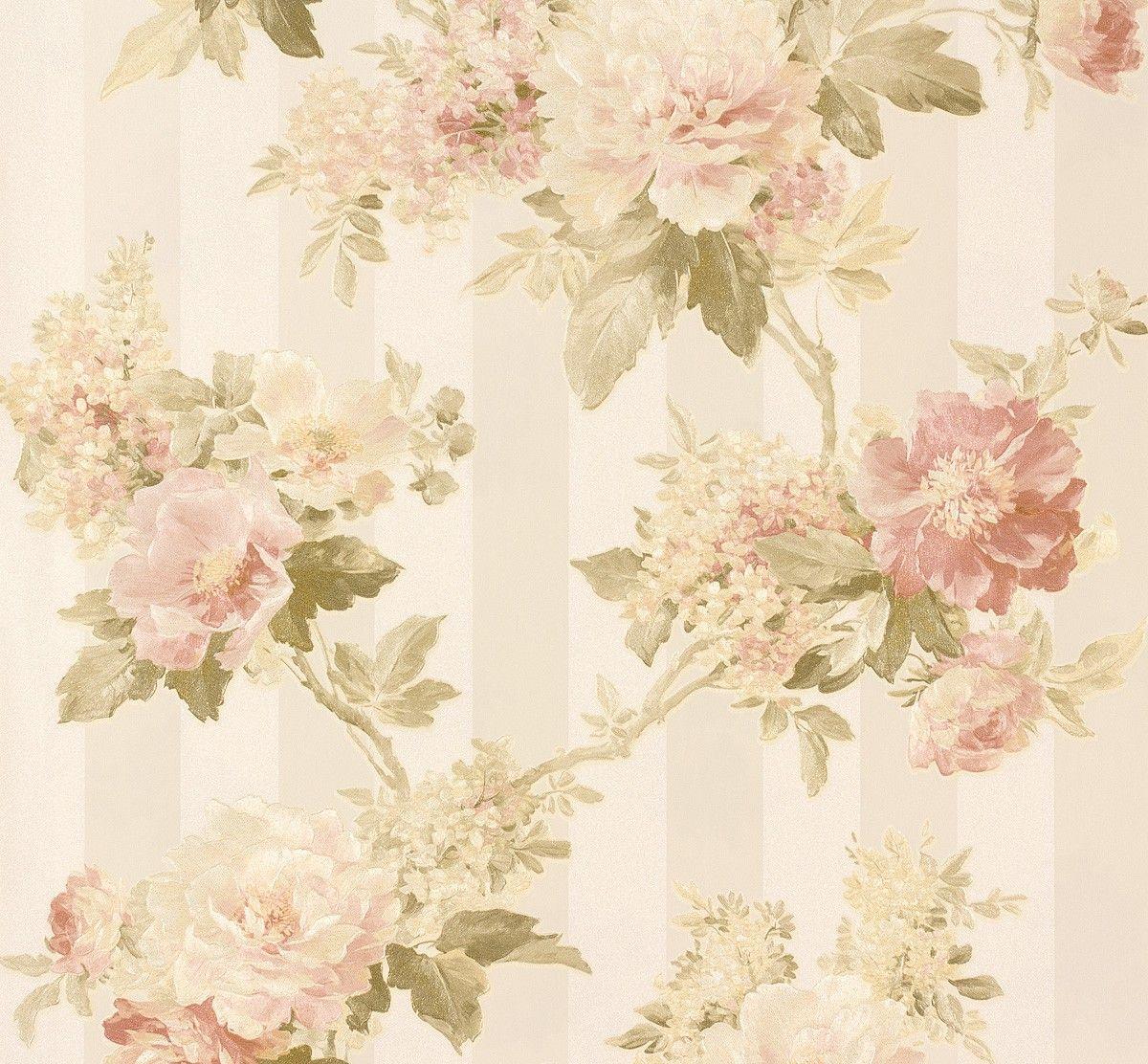1200x1112 Non Woven Wallpaper Flowers On Stripes Cream Beige 30446 1