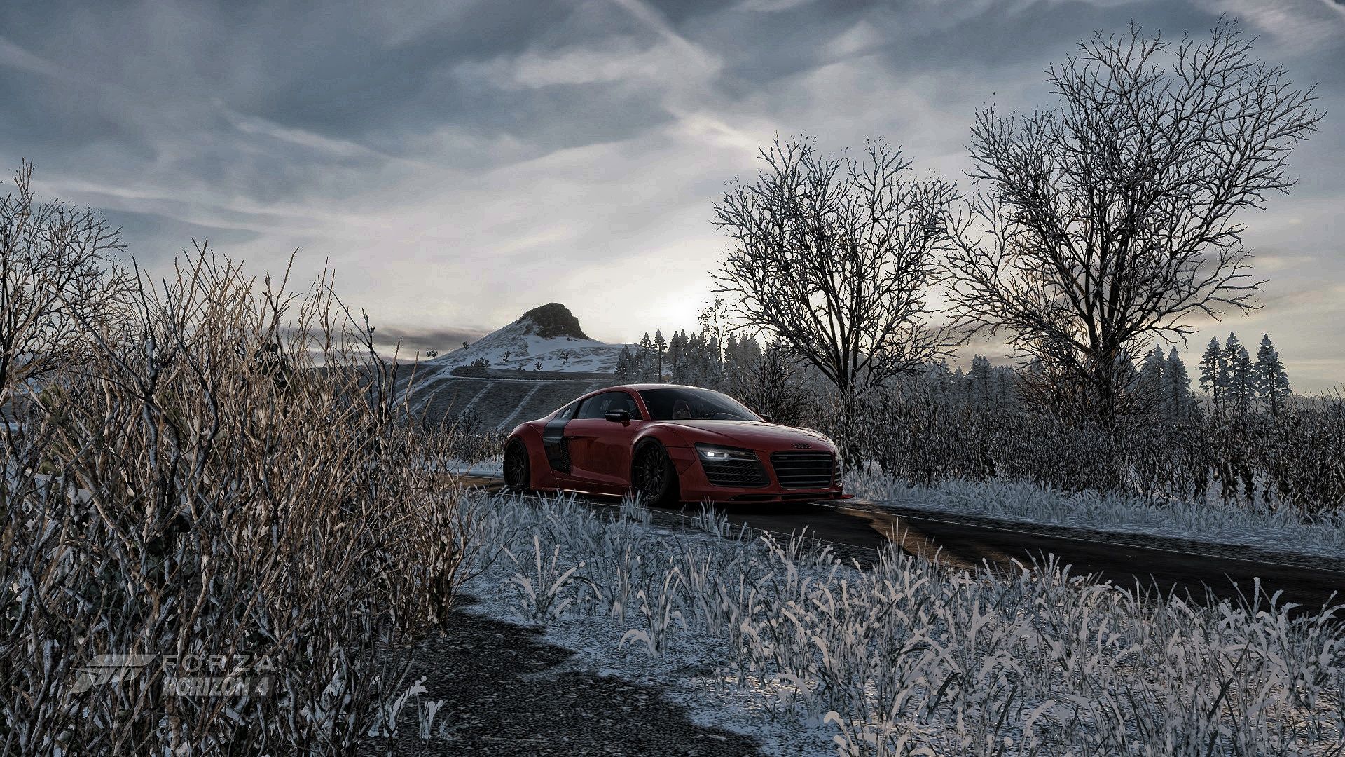 1920x1080 Wallpaper Audi, red, road, trees, field, Vorsteiner, Racing, winter for mobile and desktop, section игры, resolution 1920x1080