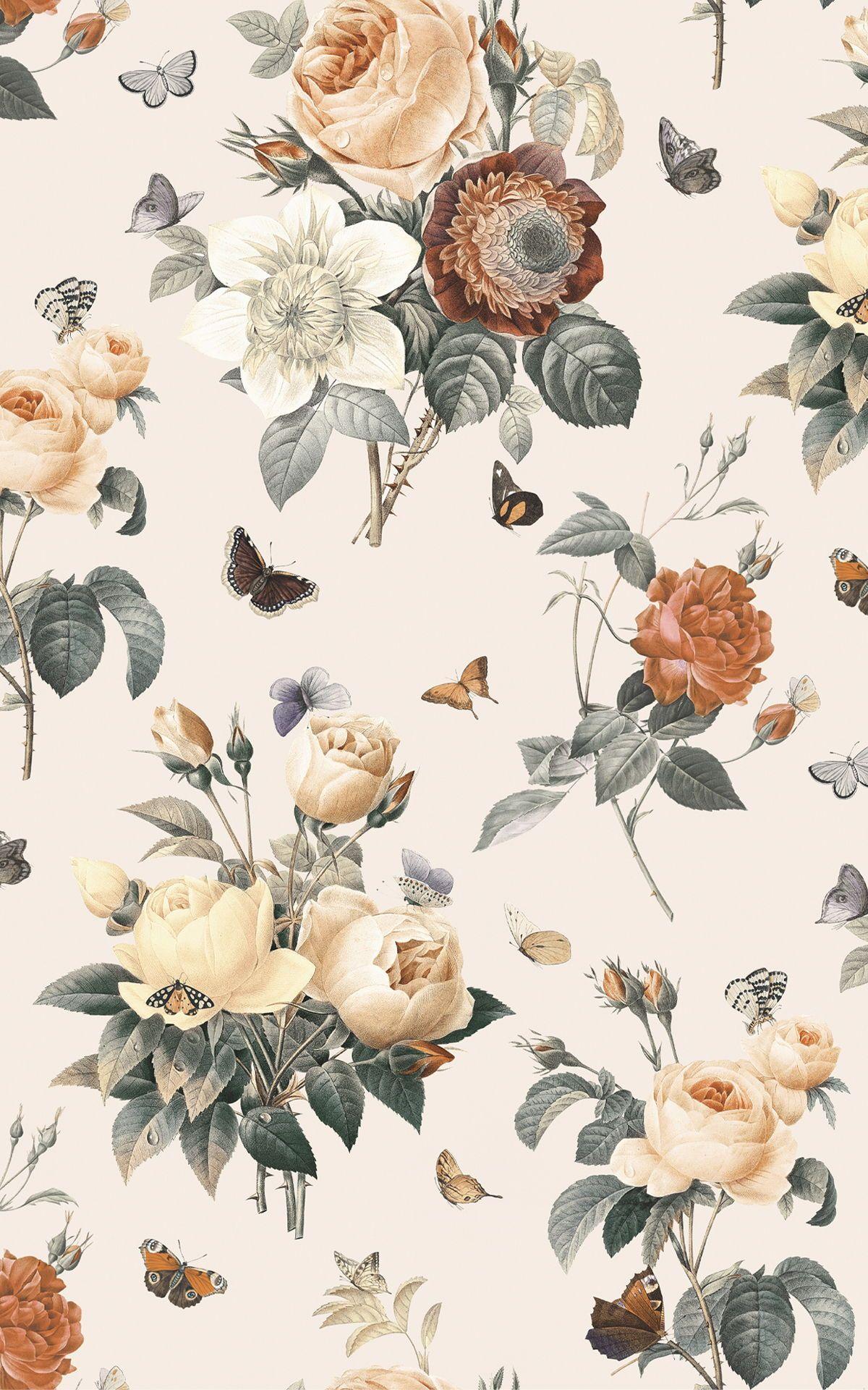 1200x1920 Cream & Orange Vintage Floral Wallpaper. Murals Wallpaper. Vintage flowers wallpaper, Vintage floral wallpaper, Floral wallpaper iphone