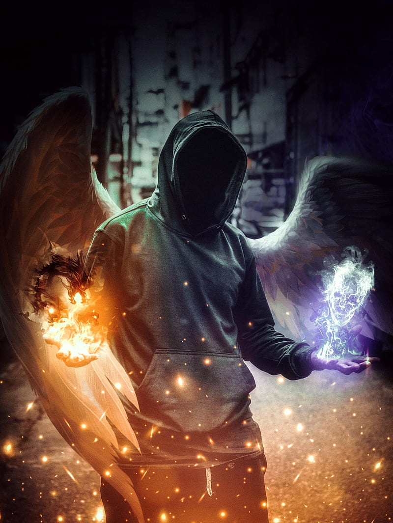 800x1065 Skull or Fire power, angel, demon, devil, fallen angel, fantasy, fire, hood, HD phone wallpaper