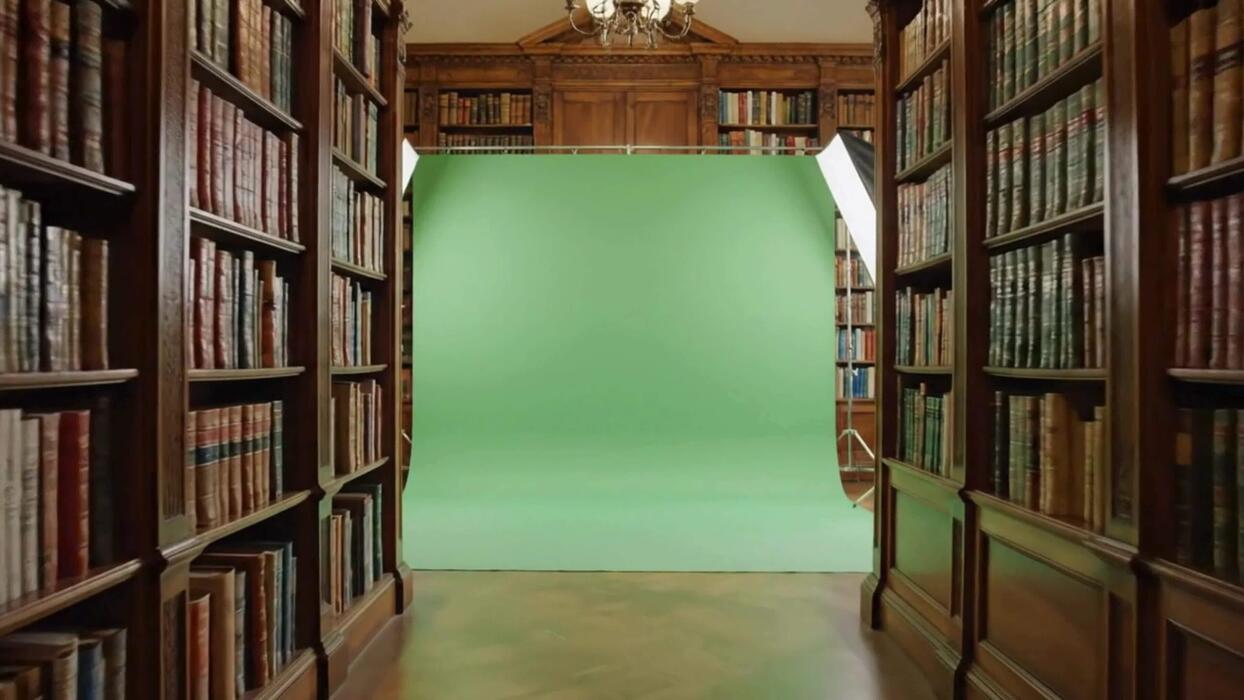 1244x700 An empty green screen studio set up between tall, classic bookshelves in a library