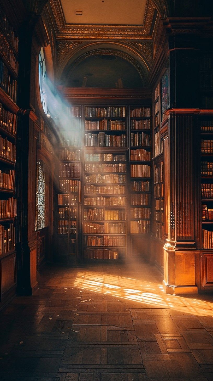 816x1456 Download Illuminated Library Hallway Image, Sunlight, Books