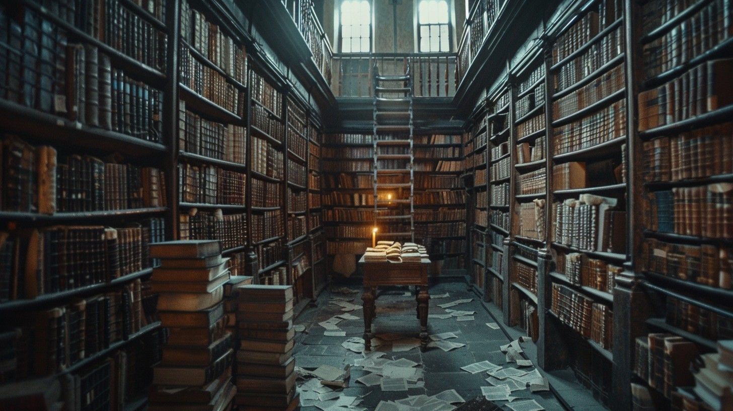 1456x816 Download Cluttered library interior Image, Books, Old