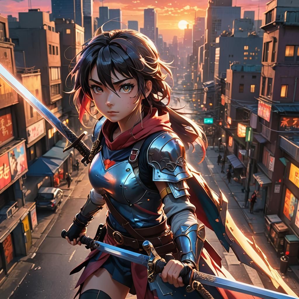 1024x1024 Anime Heroine in Cityscape, Studio Trigger Style