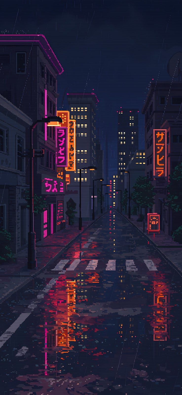 738x1600 Late Night Pixel Art City iPhone Wallpaper 4K