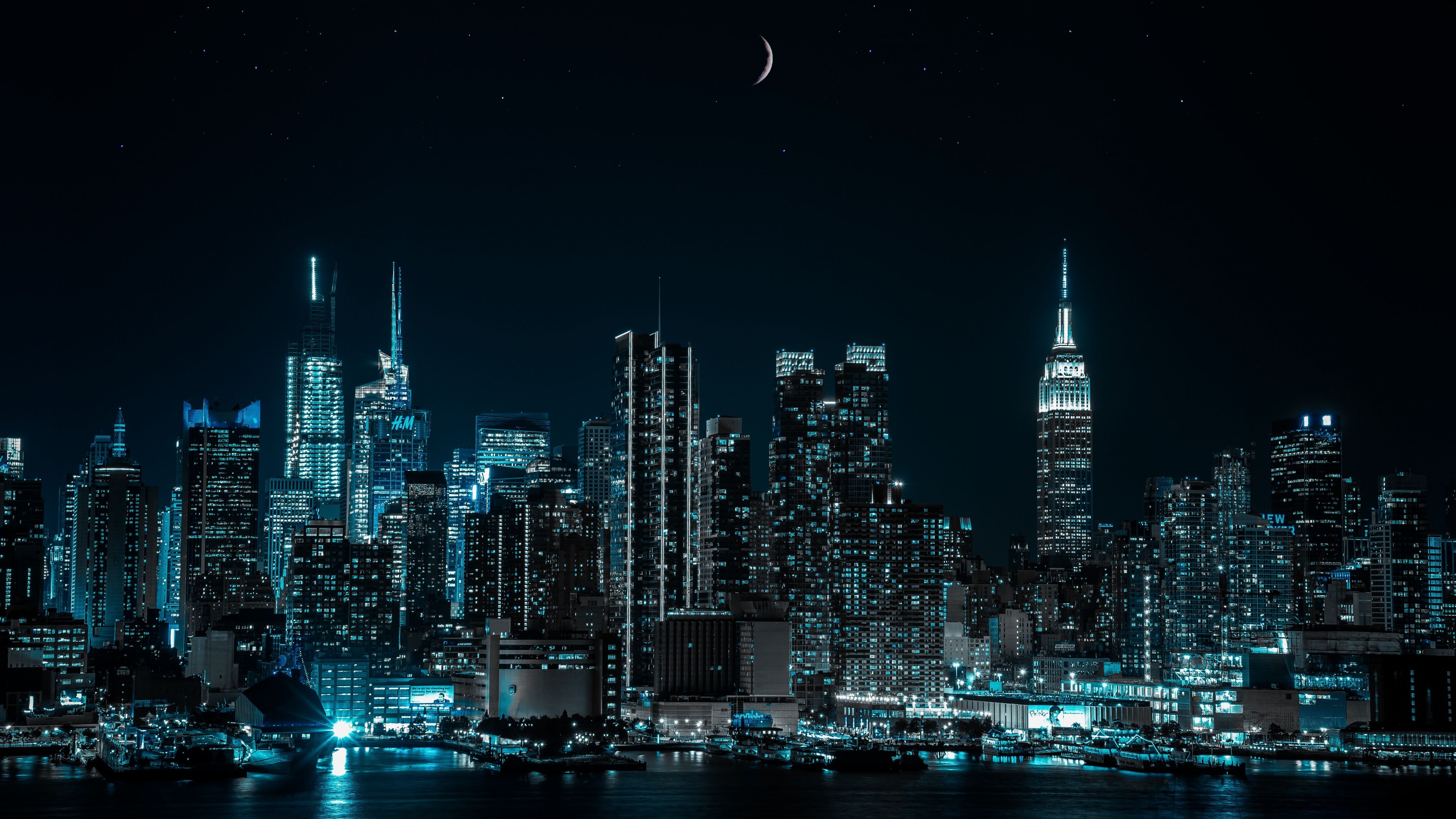 4480x2520 New York City Wallpaper 4K, Half moon, Cityscape, Night