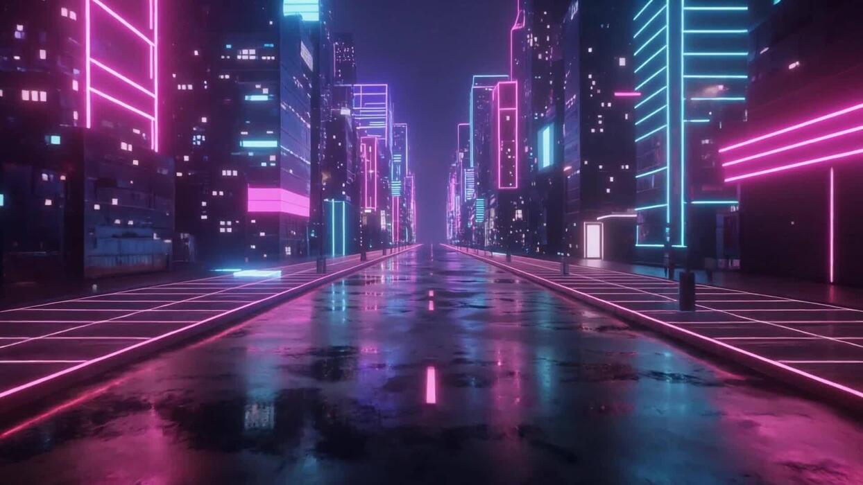 1244x700 Neon Cyberpunk Cityscape at Night with Wet Streets and Glowing Skyscrapers