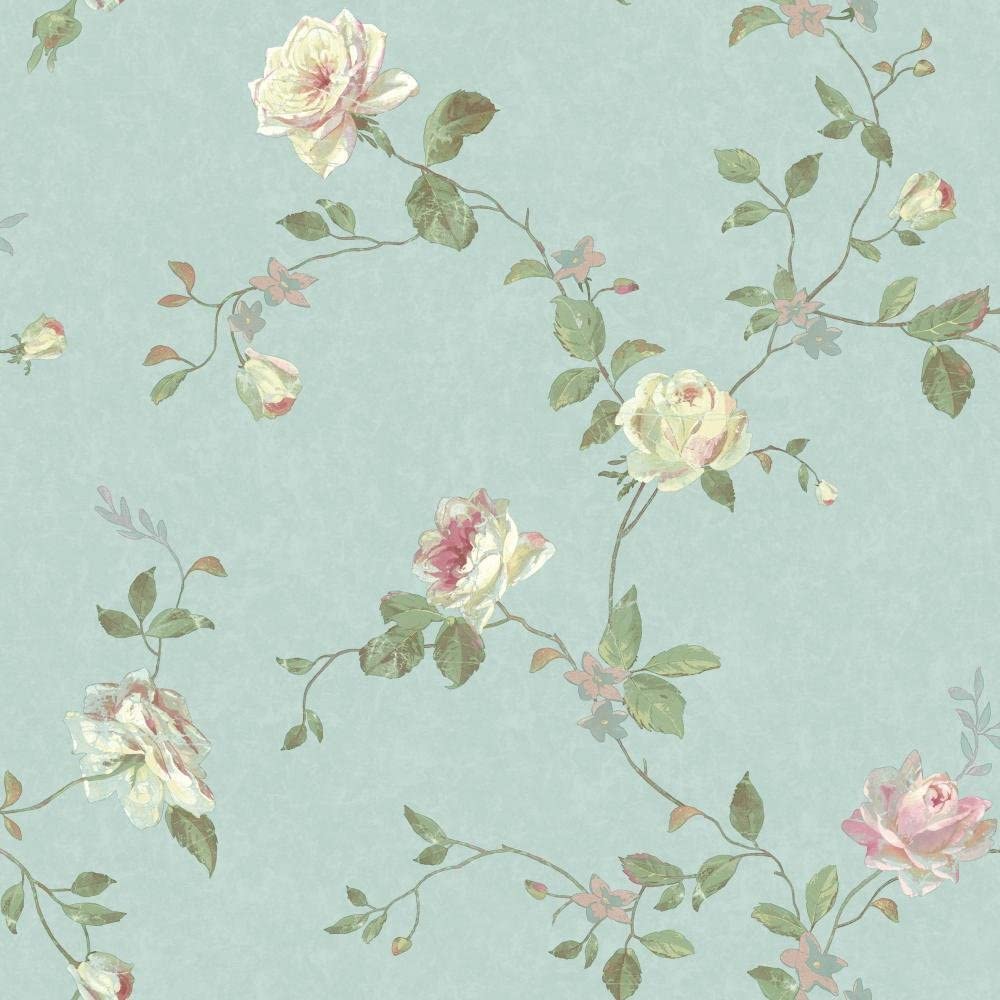 1000x1000 York Wallcoverings SH5509 Vintage Luxe Floral Trail Wallpaper, Pale Blue, Green, Pink, Cream, Aqua