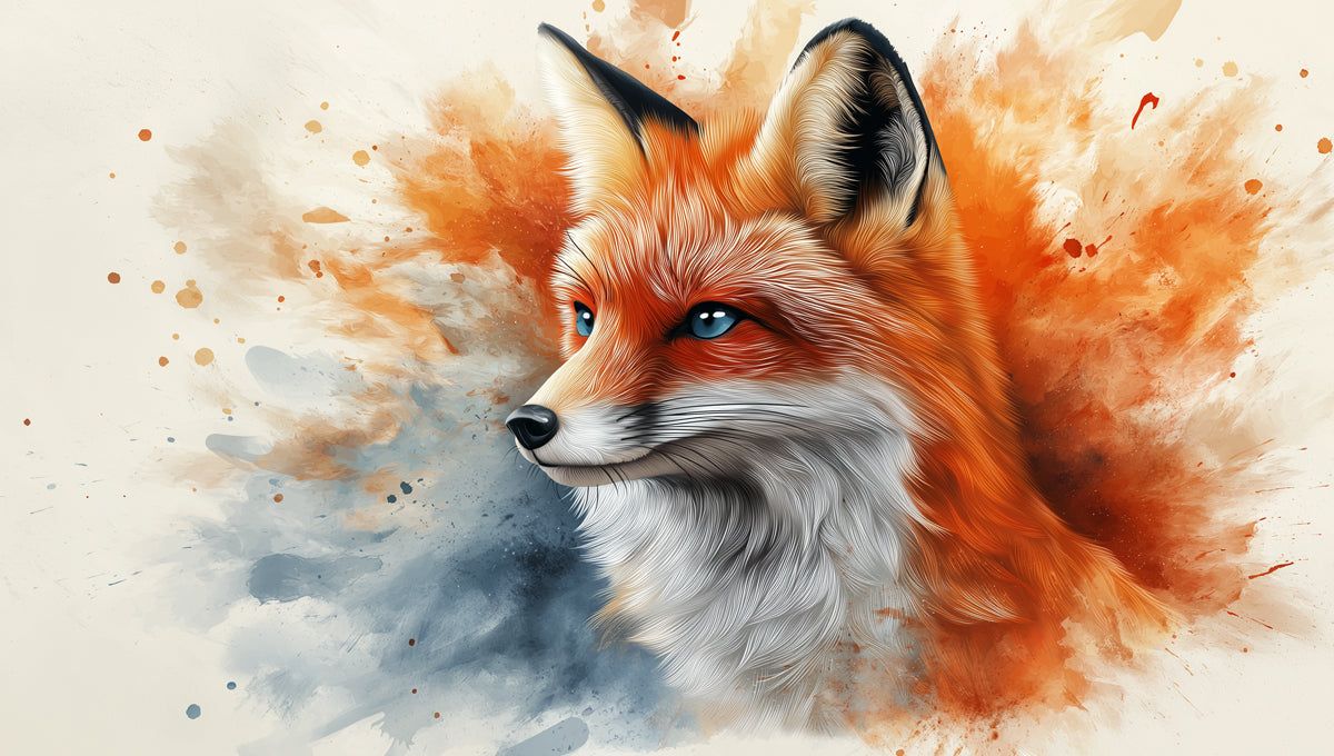 1200x680 Fox Head Mural Wallpaper in a home office. Orange, White, and Blue Fox