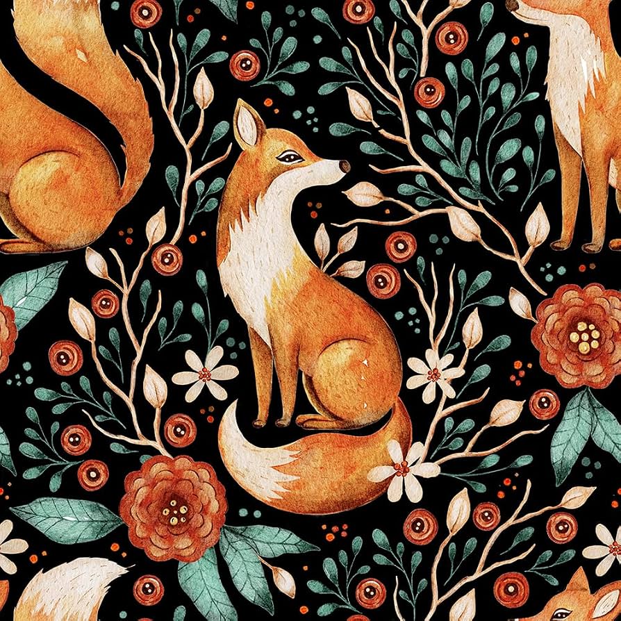 894x894 WalRiddle Dark Black Watercolor Fox Orange Plants Flowers Botanical Vintage Green Leaf Animals Peel and Stick Wallpaper Easy Peel Off Stick on Adhesive Wall Paper for Waterproof Renter