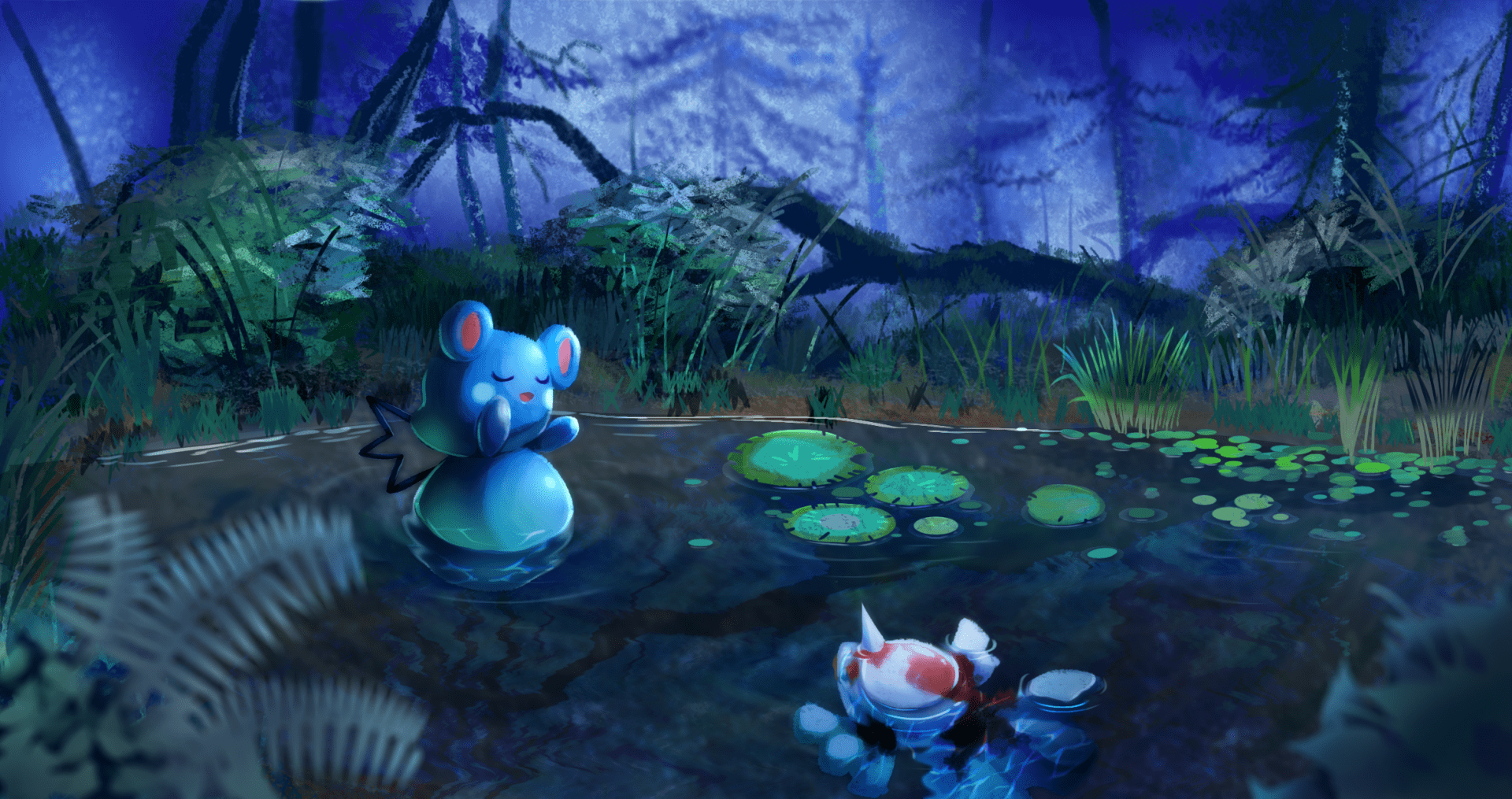 1920x1015 Mystical Pokémon Night: Goldeen & Azurill in Serene Anime Waterscape HD Wall Artx1259