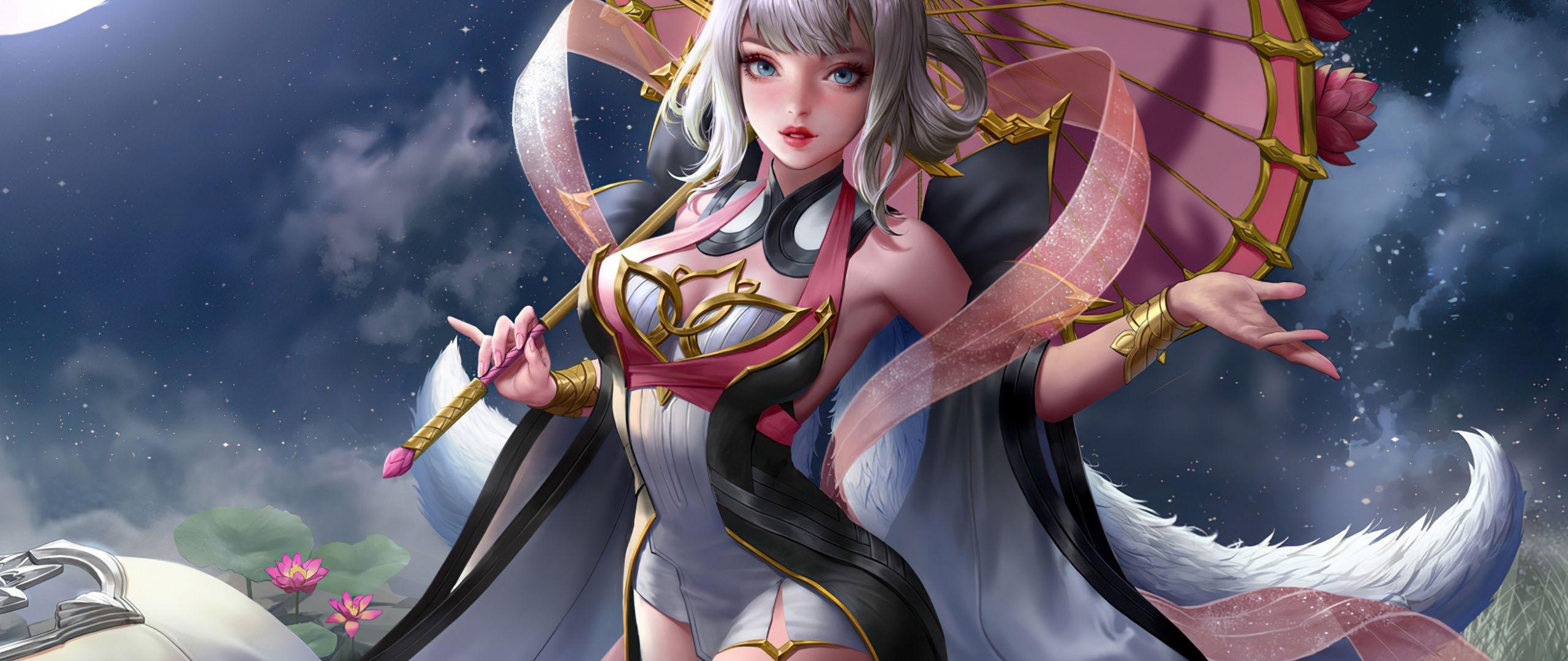 2560x1080 Download 2560x1080 wallpaper anime elf girl with umbrella, moon light, fantasy, dual wide, widescreen, 2560x1080 HD image, background, 26201