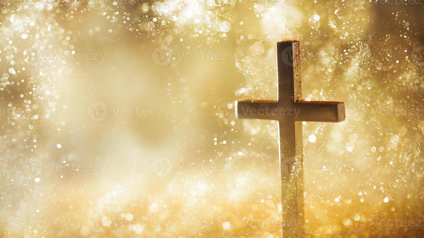 1742x980 Religious cross in abstract wallpaper with shining gold sparkles and radiant lights. Symbolizing prayer, heaven, or faith