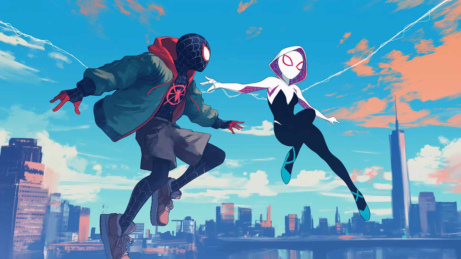 1536x864 Free Spider Verse Miles Gwen Swinging Desktop Wallpaper