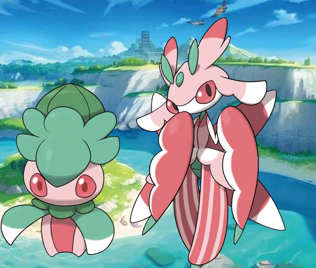 1057x896 Download Pokémon Fomantis And Lurantis In Flowing River Wallpaper