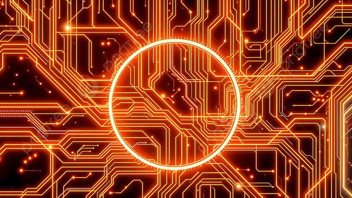 1200x675 Glowing Orange Circuit Board With A Central Illuminated Circle And Digital Data Flow, Circuit Board, Technology, Digital Background Image And Wallpaper for Free Download