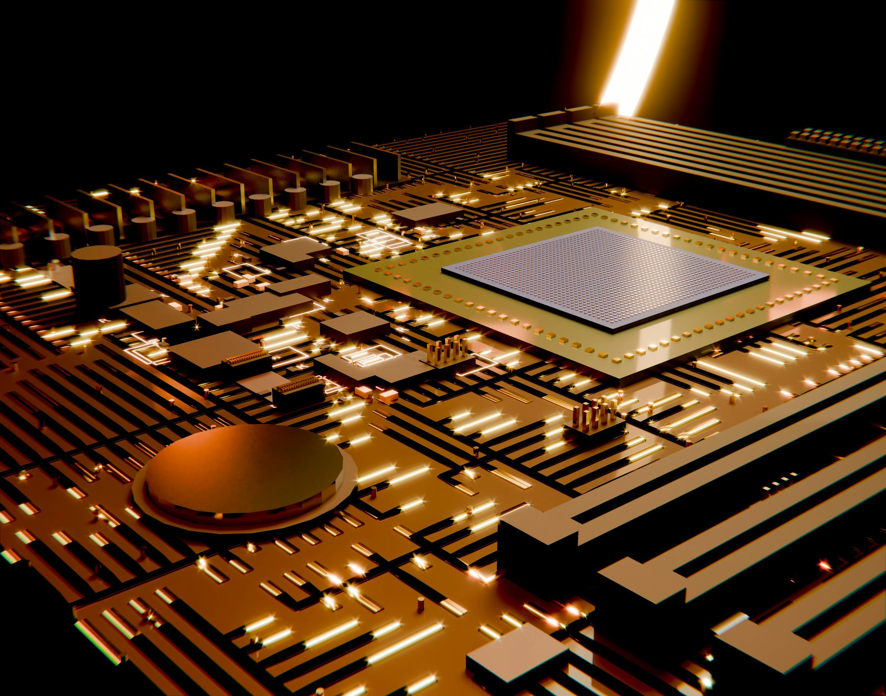 3000x2357 Circuit board components illuminated by bright orange light. photo