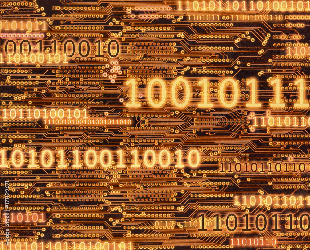 1000x807 Different sized binary code numbers on orange circuit board background Stock Illustration