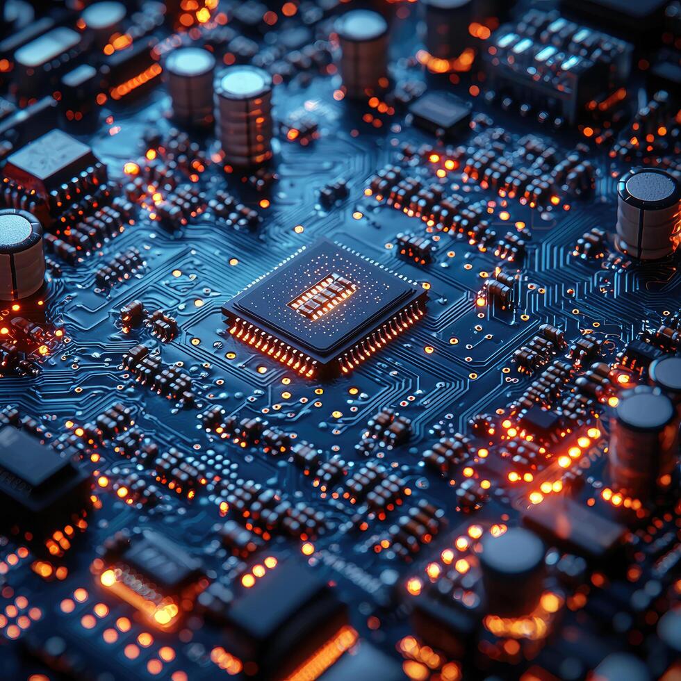 980x980 Futuristic Circuit Board CloseUp with Glowing Orange Lights, Modern Technology and Electronic Components Background